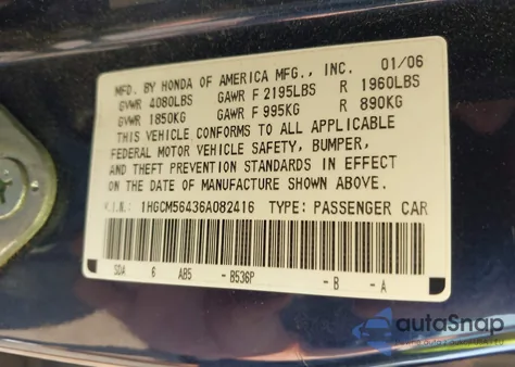 2006 Honda Accord Lx из США, поврежденный, VIN 1HGCM56436A082416